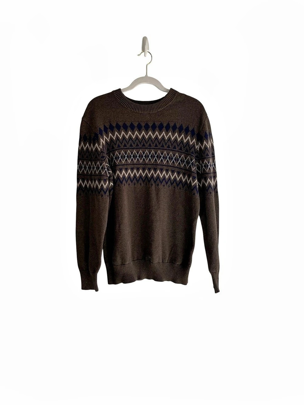 Rorie Whelan Geometric Crewneck Sweater in Brown & Blue Like New